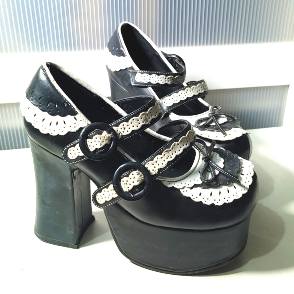 Demonia Black and White Platform Mary Janes